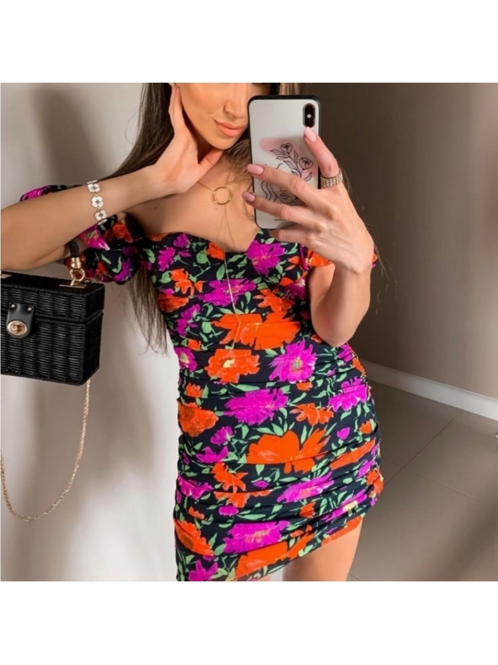 Zara Black Mini Dress with Orange & Fuchsia Floral Print